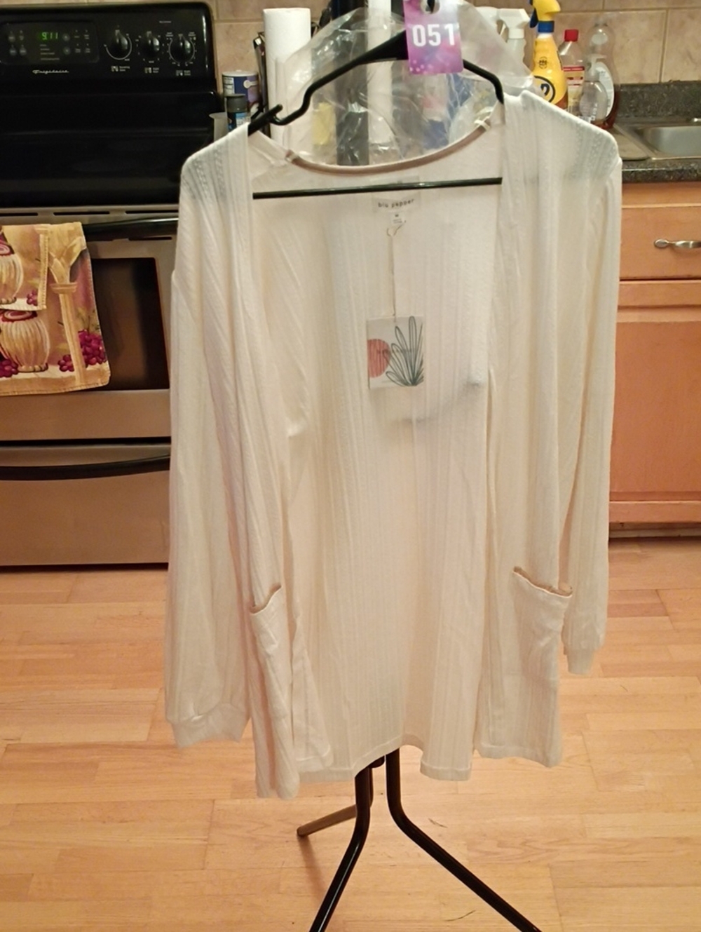 Blu Pepper Cream Open-Front Ribbed Cardigan with Front Pockets